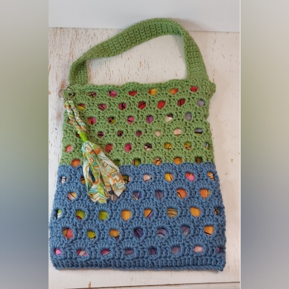 Green Blue Hand Crafted Granny Shabby Chic Purse Lined Crochet Handbag Boho - Picture 8 of 8